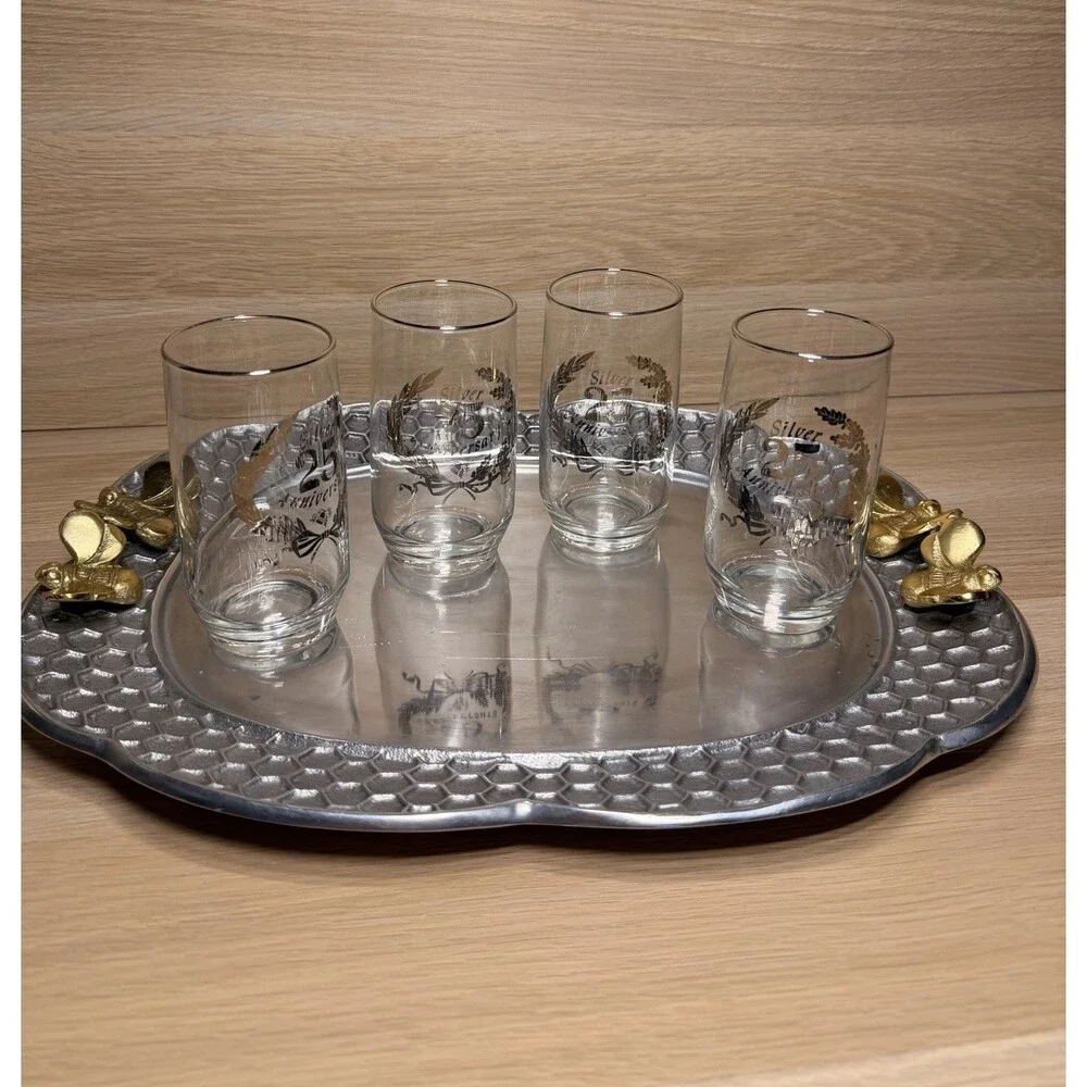 Vintage Glass Silver 25th Anniversary Set of 4 Drinking Glasses 5”